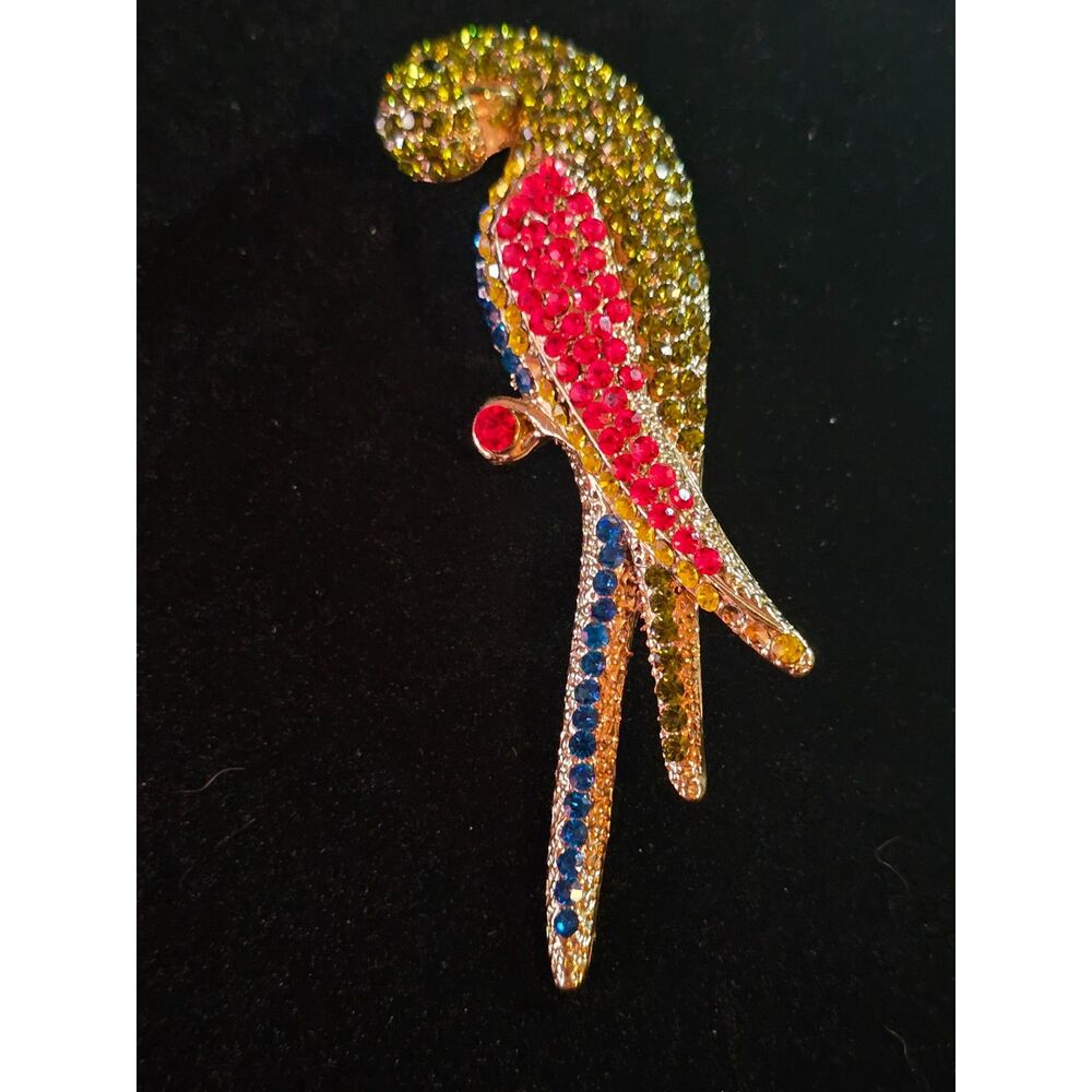Natasha Large Parrot Brooch, Vibrant Multicolor Rhinestone, Tropical Bird